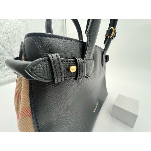 Burberry Banner Tote Iconic House Check Derby Shoulder Bag Black Leather - Picture 15 of 16